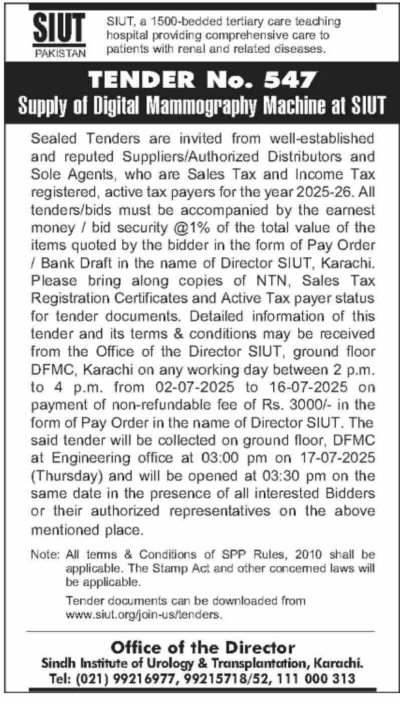 Sindh Institute of Urology & Translantation Karachi Tender Notice